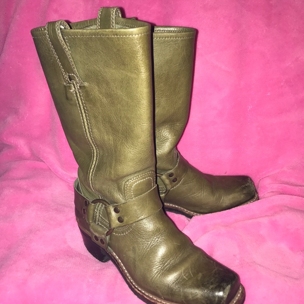 Olive green leather Frye harness boots.